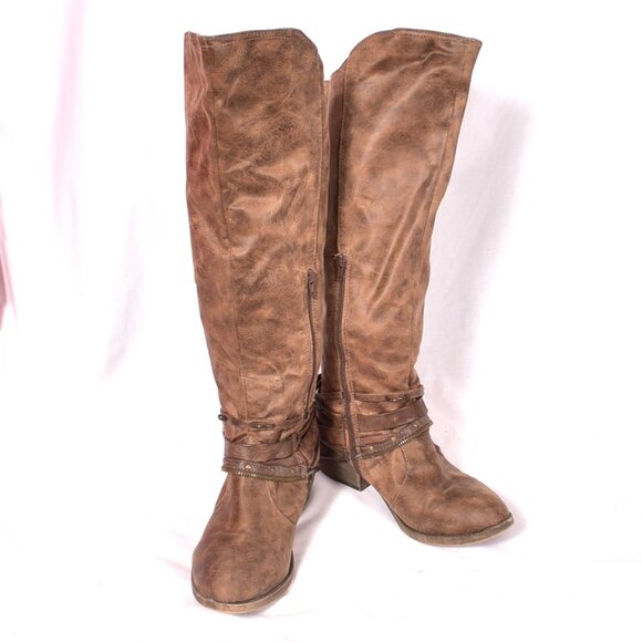 Pop Women's Tall Boots Size 10M Brown Strappy Block Heel - Picture 1 of 12